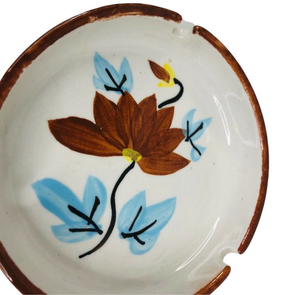 Vintage Round Ceramic Ashtray Flowers Blue Brown 4 7/8" Cigarette Stoneware - Picture 5 of 6